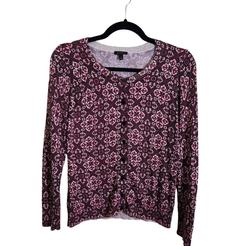 Talbots Vintage Burgundy Print Metallic Cardigan Sweater Size S